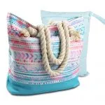 Water Resistant Beach Bag, Boho Canvas Beach Tote with Rope Handles with Bonus Wetbag/Drybag